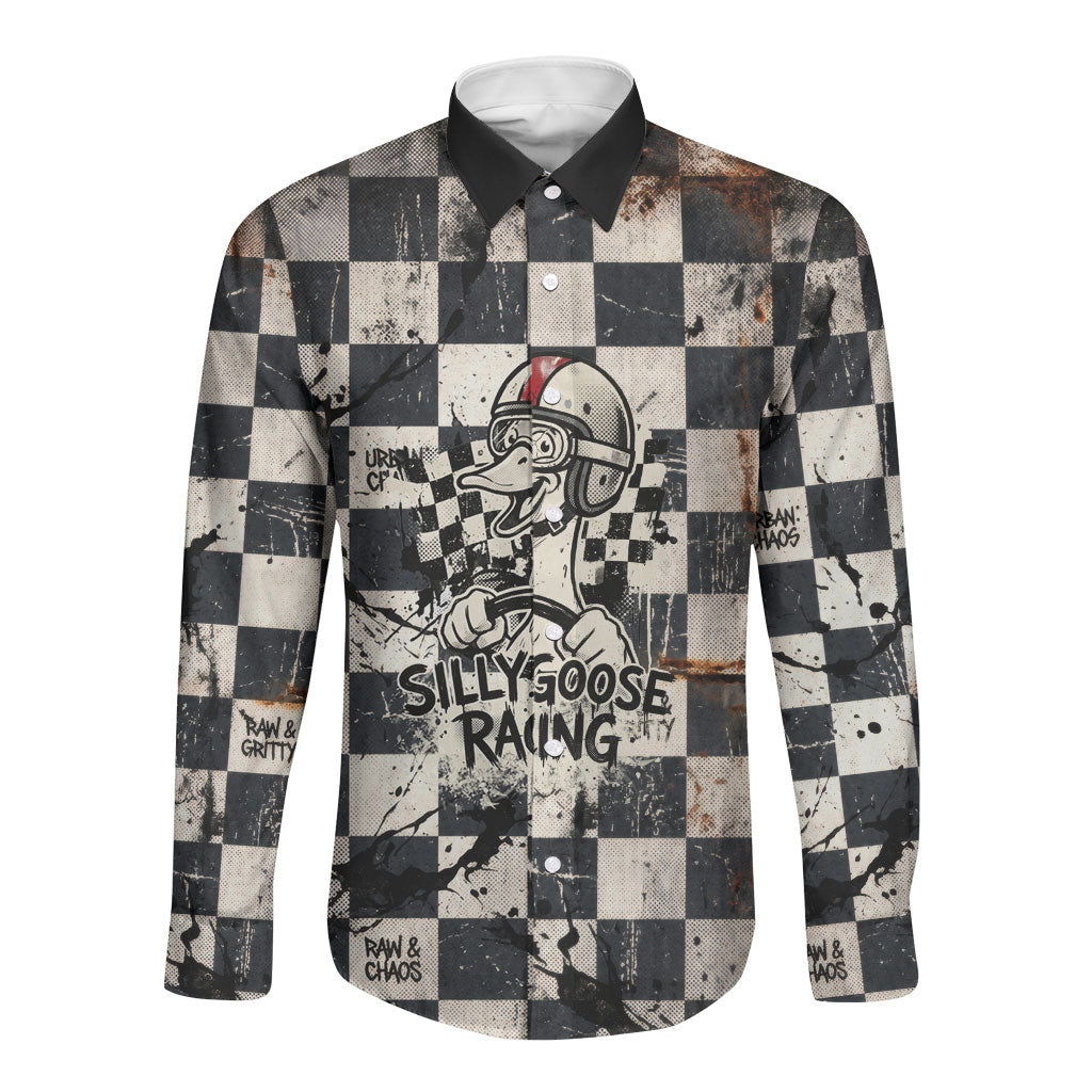 Silly Goose Racing Motorsport Long Sleeve Button Shirt Vintage Distressed Checkered Flag - Cartoon Race Car