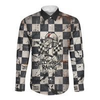 Silly Goose Racing Motorsport Long Sleeve Button Shirt Vintage Distressed Checkered Flag - Cartoon Race Car