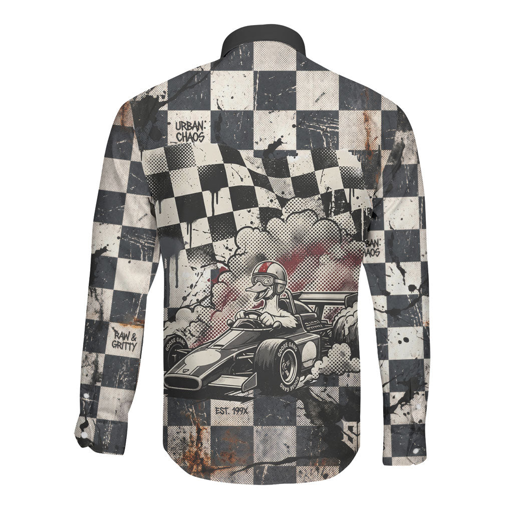 Silly Goose Racing Motorsport Long Sleeve Button Shirt Vintage Distressed Checkered Flag - Cartoon Race Car