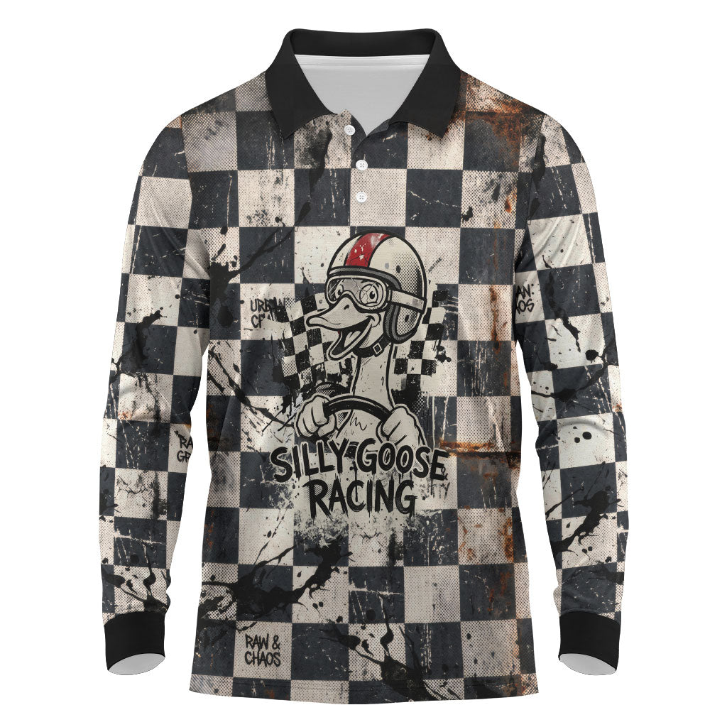 Silly Goose Racing Motorsport Long Sleeve Polo Shirt Vintage Distressed Checkered Flag - Cartoon Race Car