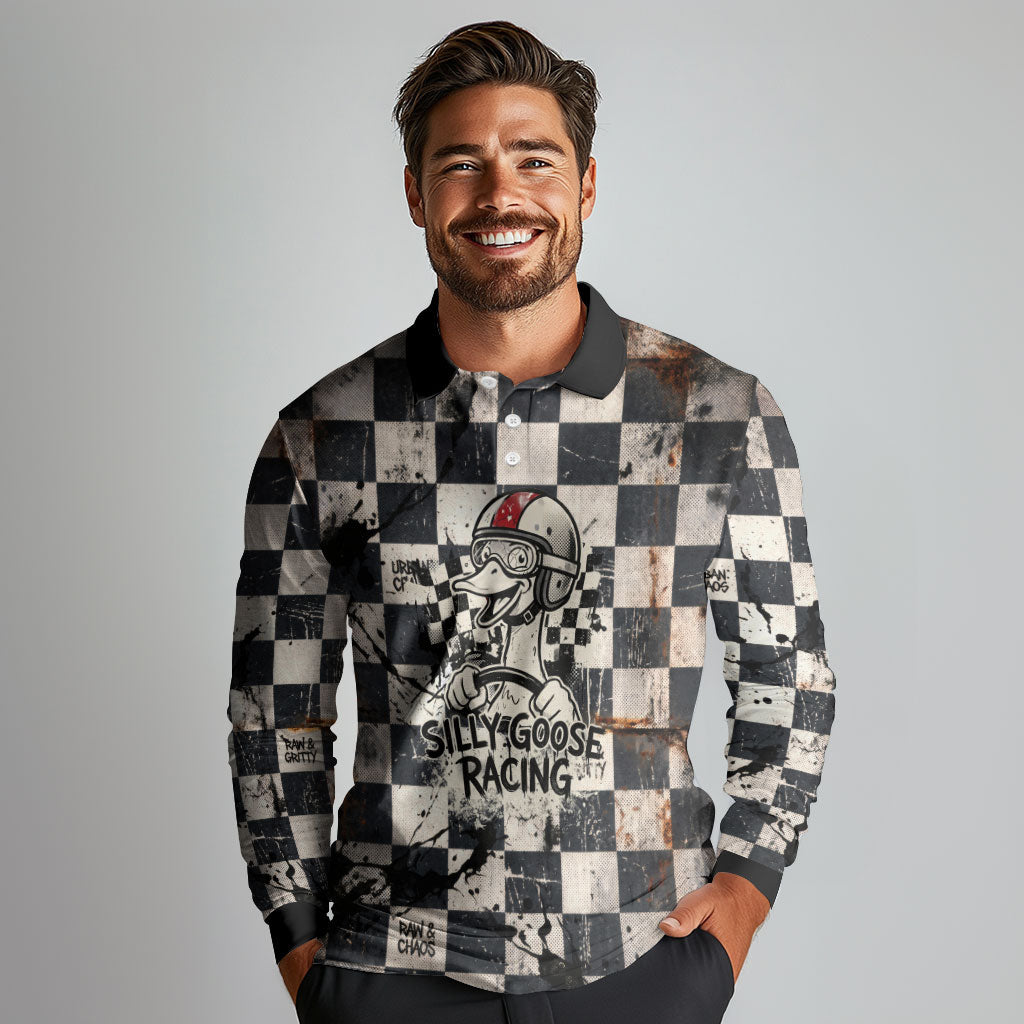 Silly Goose Racing Motorsport Long Sleeve Polo Shirt Vintage Distressed Checkered Flag - Cartoon Race Car