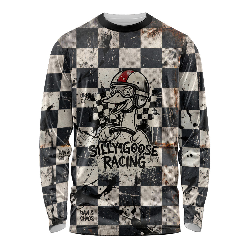 Silly Goose Racing Motorsport Long Sleeve Shirt Vintage Distressed Checkered Flag - Cartoon Race Car