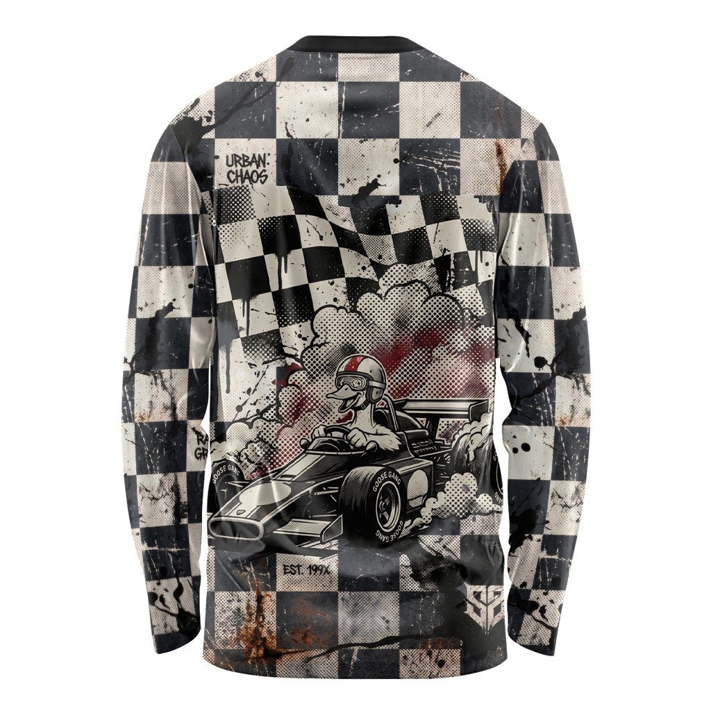 Silly Goose Racing Motorsport Long Sleeve Shirt Vintage Distressed Checkered Flag - Cartoon Race Car