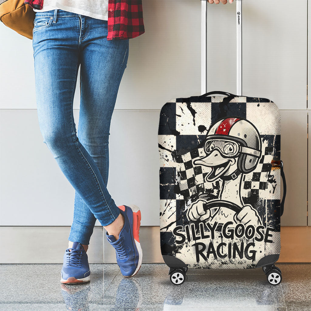 Silly Goose Racing Motorsport Luggage Cover Vintage Distressed Checkered Flag - Cartoon Race Car