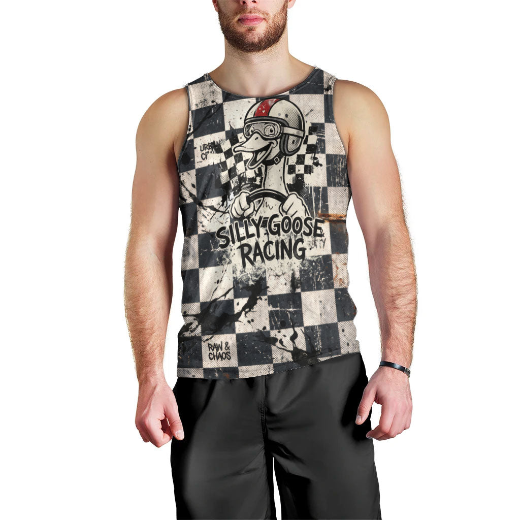 Silly Goose Racing Motorsport Men Tank Top Vintage Distressed Checkered Flag - Cartoon Race Car