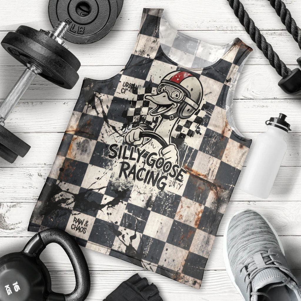 Silly Goose Racing Motorsport Men Tank Top Vintage Distressed Checkered Flag - Cartoon Race Car