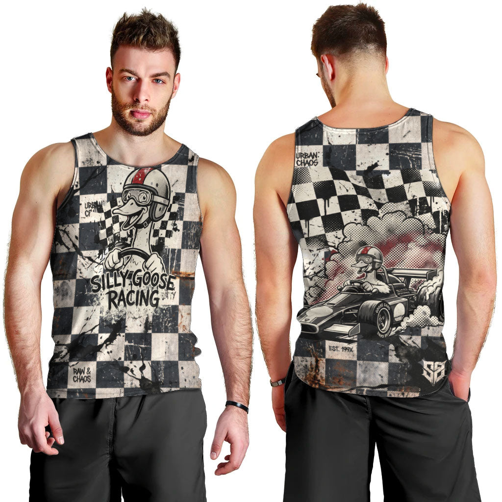 Silly Goose Racing Motorsport Men Tank Top Vintage Distressed Checkered Flag - Cartoon Race Car