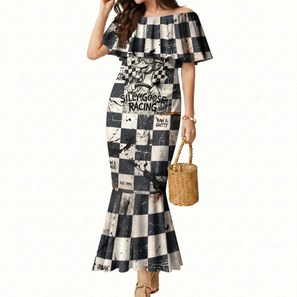 Silly Goose Racing Motorsport Mermaid Dress Vintage Distressed Checkered Flag - Cartoon Race Car