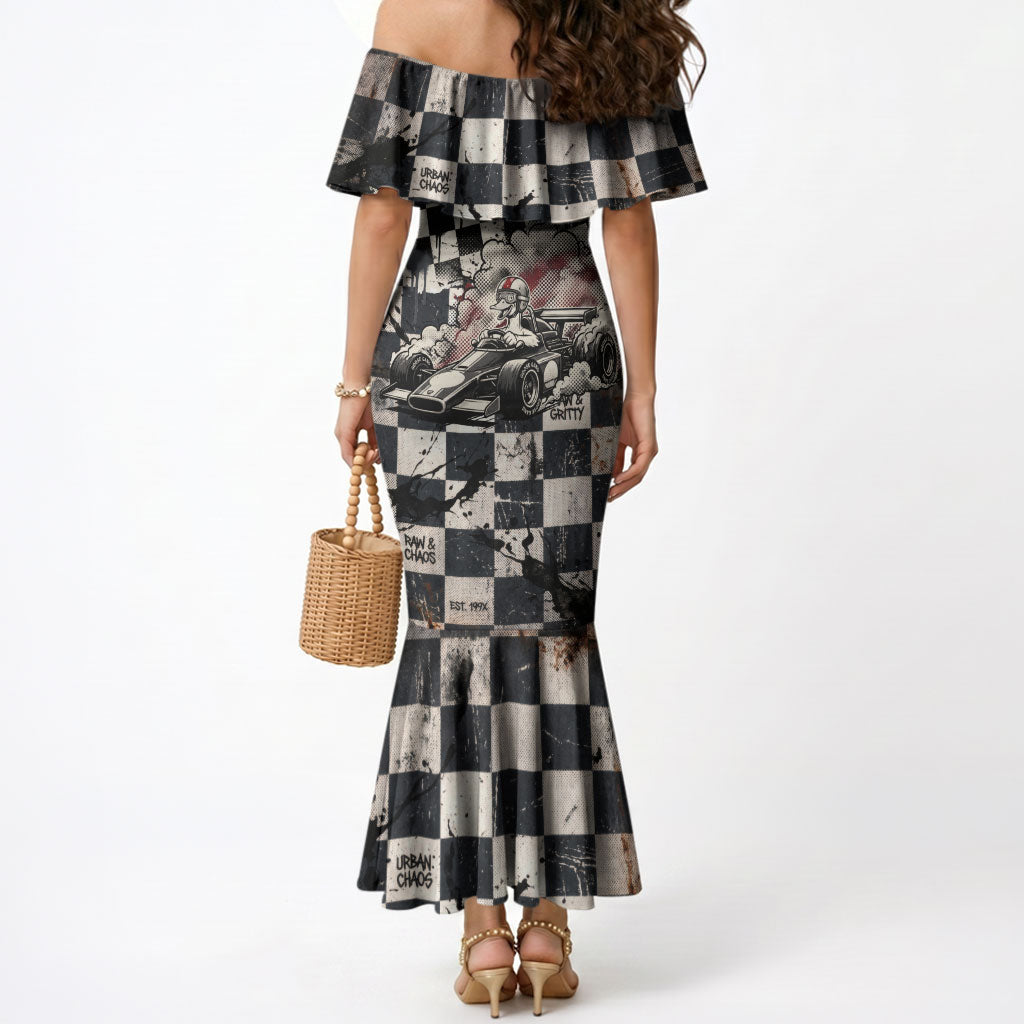 Silly Goose Racing Motorsport Mermaid Dress Vintage Distressed Checkered Flag - Cartoon Race Car