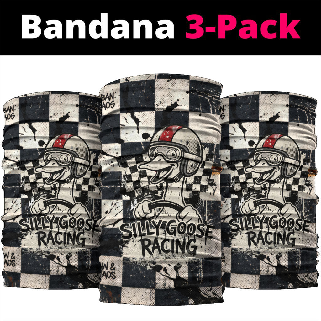 Silly Goose Racing Motorsport Neck Gaiter Vintage Distressed Checkered Flag - Cartoon Race Car