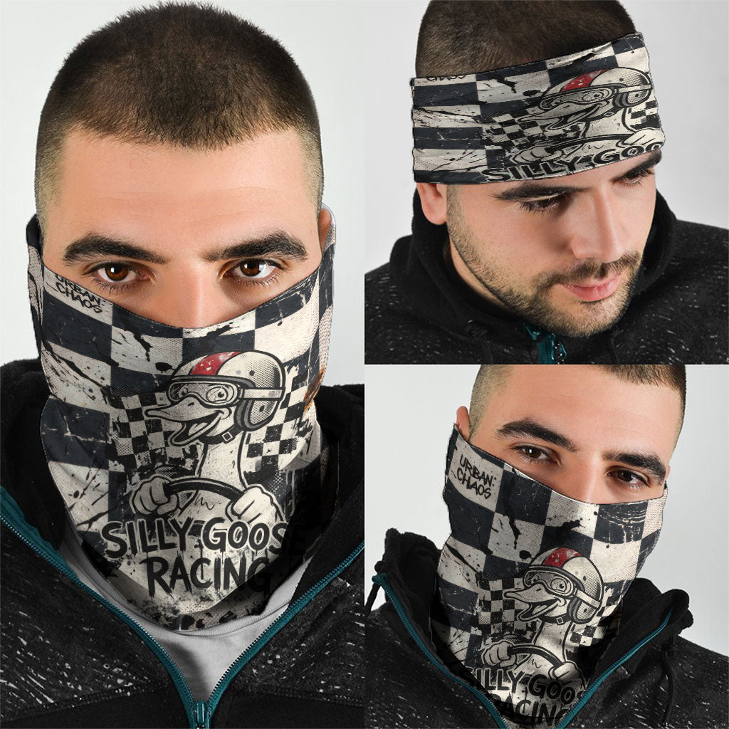 Silly Goose Racing Motorsport Neck Gaiter Vintage Distressed Checkered Flag - Cartoon Race Car