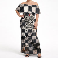 Silly Goose Racing Motorsport Off Shoulder Maxi Dress Vintage Distressed Checkered Flag - Cartoon Race Car