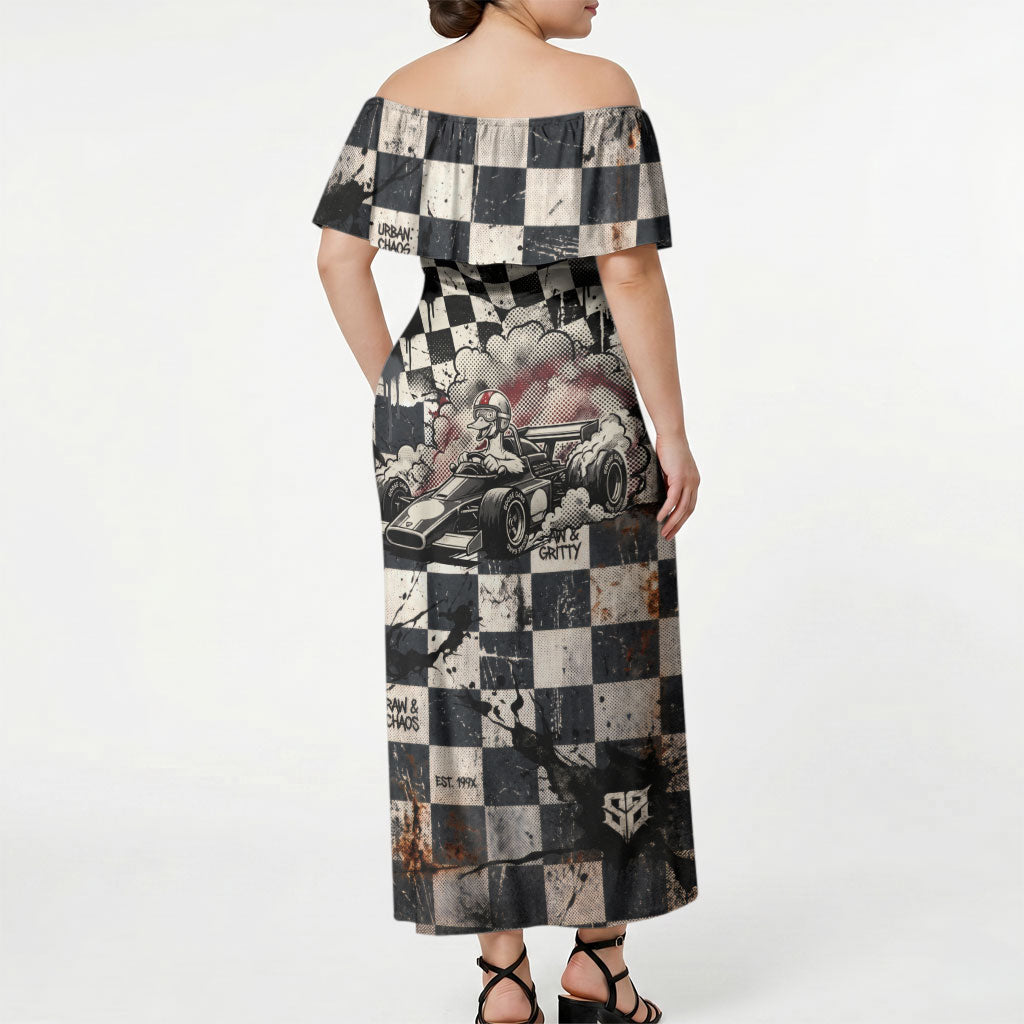 Silly Goose Racing Motorsport Off Shoulder Maxi Dress Vintage Distressed Checkered Flag - Cartoon Race Car