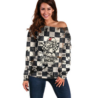 Silly Goose Racing Motorsport Off Shoulder Sweater Vintage Distressed Checkered Flag - Cartoon Race Car