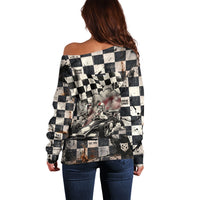 Silly Goose Racing Motorsport Off Shoulder Sweater Vintage Distressed Checkered Flag - Cartoon Race Car