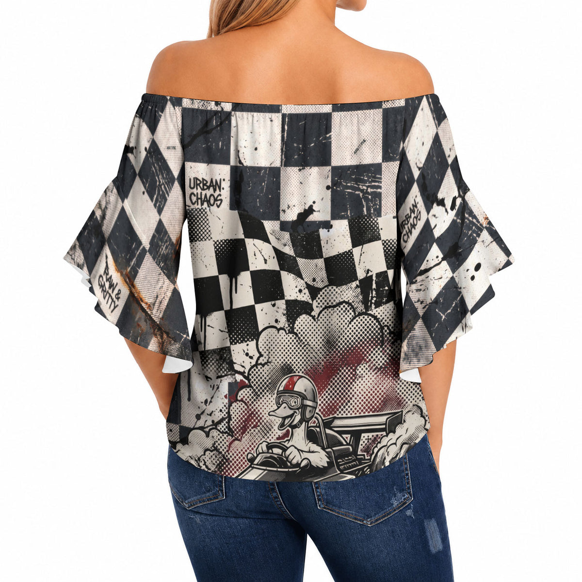 Silly Goose Racing Motorsport Off Shoulder Wrap Waist Top Vintage Distressed Checkered Flag - Cartoon Race Car