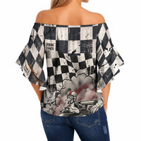 Silly Goose Racing Motorsport Off Shoulder Wrap Waist Top Vintage Distressed Checkered Flag - Cartoon Race Car