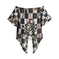 Silly Goose Racing Motorsport Off Shoulder Wrap Waist Top Vintage Distressed Checkered Flag - Cartoon Race Car