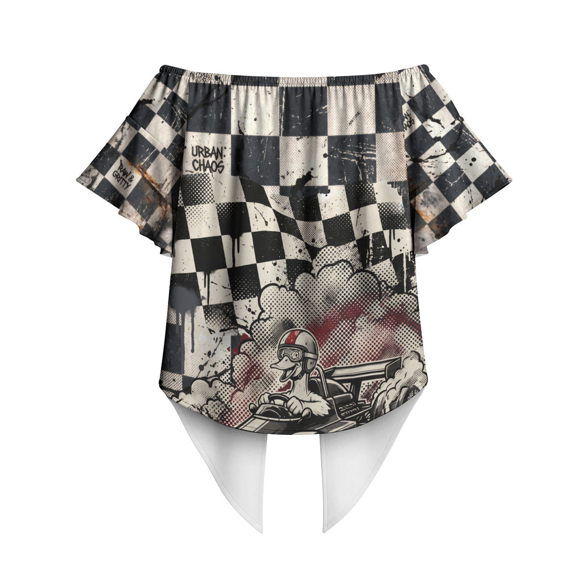 Silly Goose Racing Motorsport Off Shoulder Wrap Waist Top Vintage Distressed Checkered Flag - Cartoon Race Car