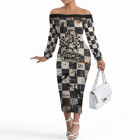 Silly Goose Racing Motorsport Off The Shoulder Long Sleeve Dress Vintage Distressed Checkered Flag - Cartoon Race Car