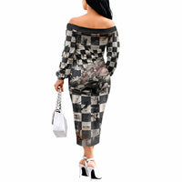 Silly Goose Racing Motorsport Off The Shoulder Long Sleeve Dress Vintage Distressed Checkered Flag - Cartoon Race Car