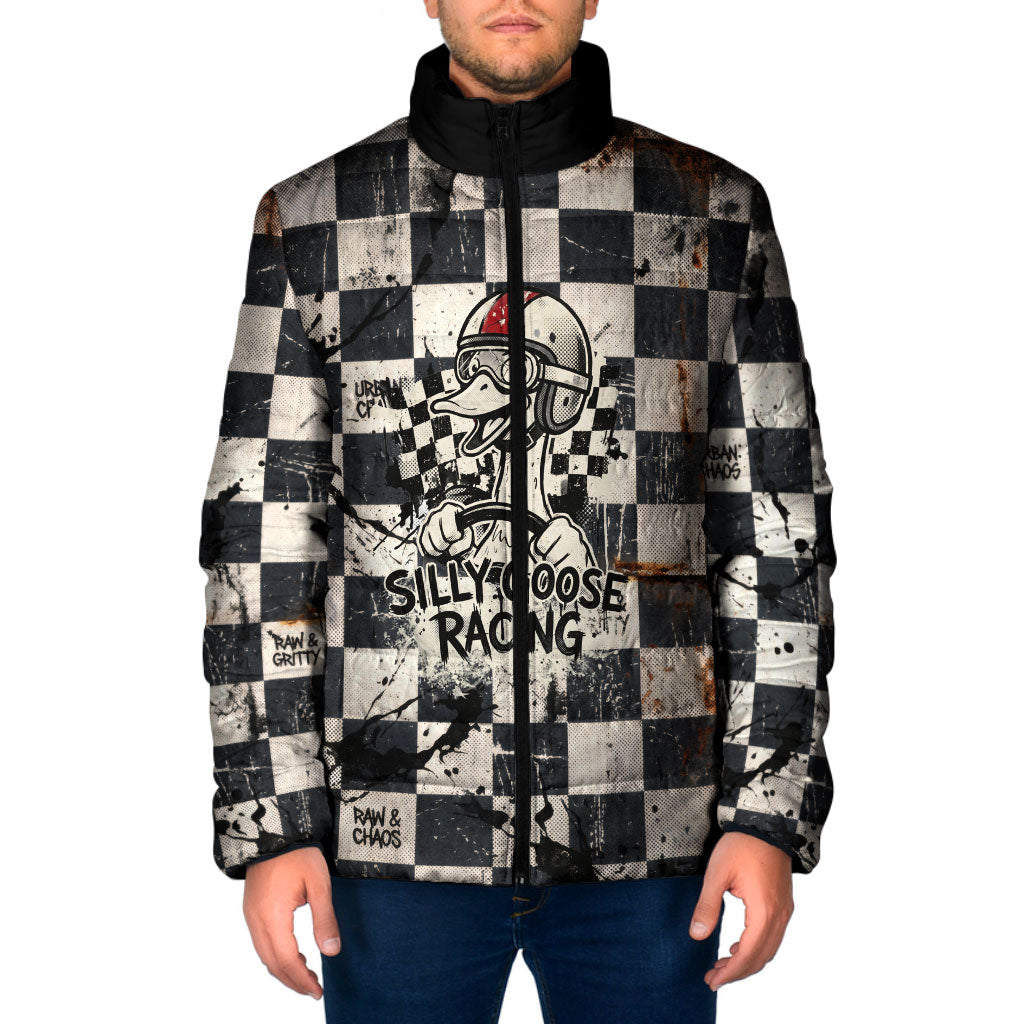 Silly Goose Racing Motorsport Padded Jacket Vintage Distressed Checkered Flag - Cartoon Race Car