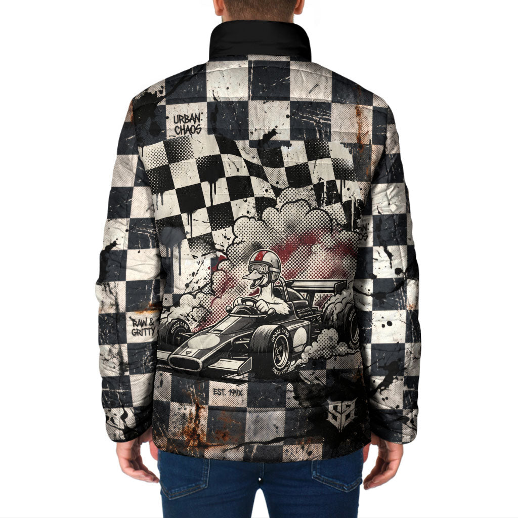 Silly Goose Racing Motorsport Padded Jacket Vintage Distressed Checkered Flag - Cartoon Race Car