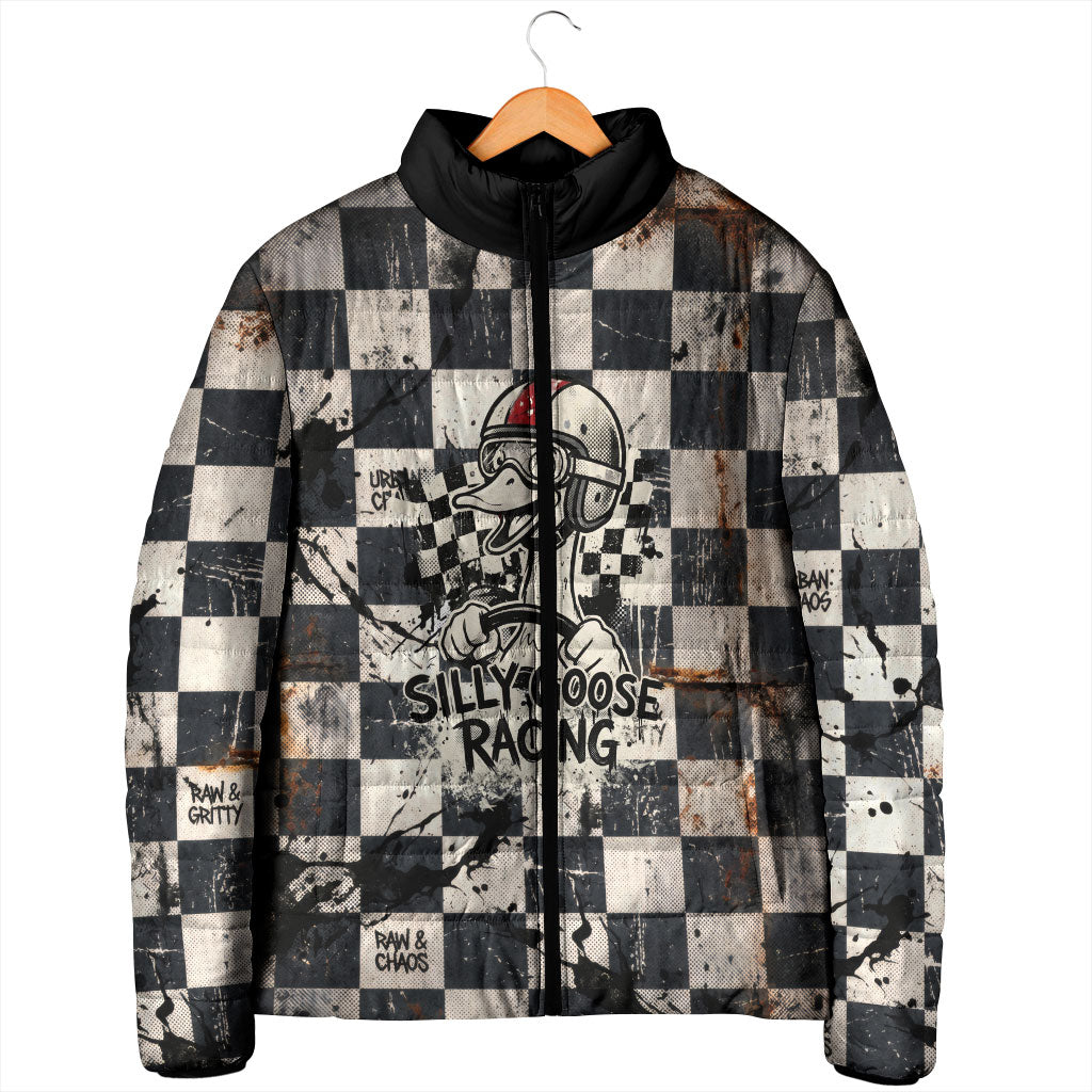 Silly Goose Racing Motorsport Padded Jacket Vintage Distressed Checkered Flag - Cartoon Race Car