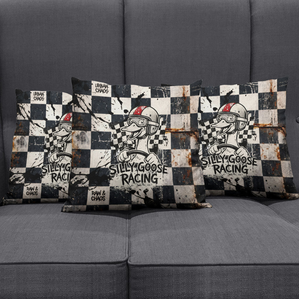 Silly Goose Racing Motorsport Pillow Cover Vintage Distressed Checkered Flag - Cartoon Race Car