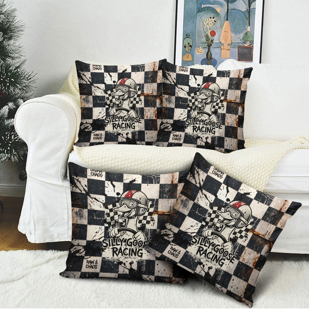 Silly Goose Racing Motorsport Pillow Cover Vintage Distressed Checkered Flag - Cartoon Race Car