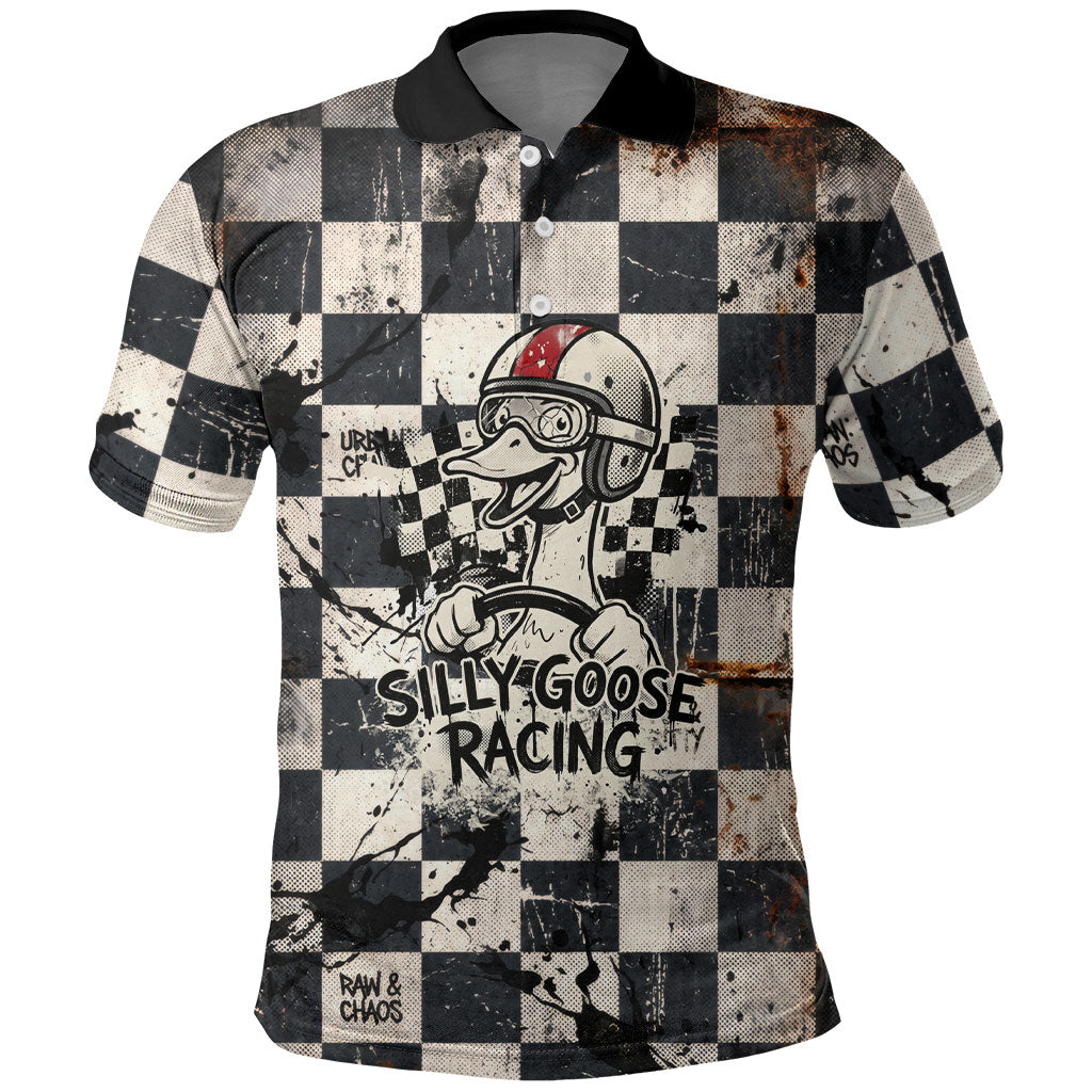 Silly Goose Racing Motorsport Polo Shirt Vintage Distressed Checkered Flag - Cartoon Race Car