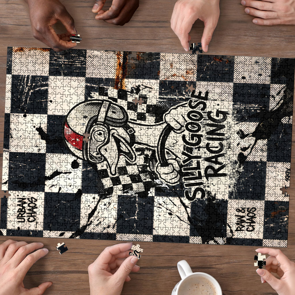 Silly Goose Racing Motorsport Puzzle Vintage Distressed Checkered Flag - Cartoon Race Car