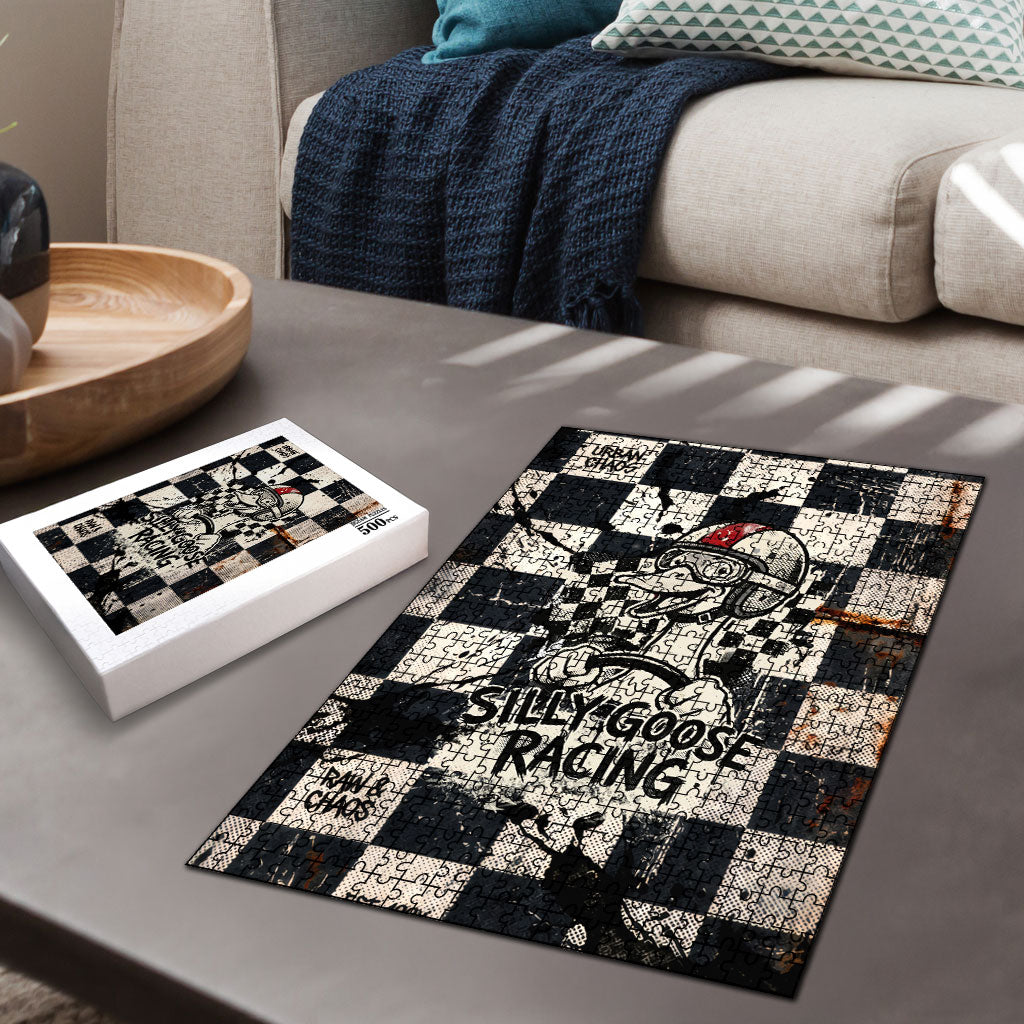 Silly Goose Racing Motorsport Puzzle Vintage Distressed Checkered Flag - Cartoon Race Car
