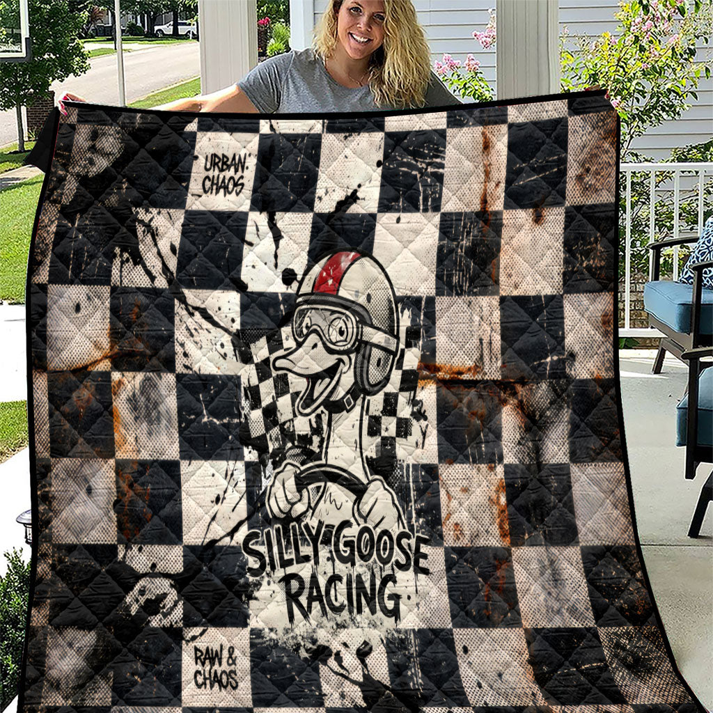 Silly Goose Racing Motorsport Quilt Vintage Distressed Checkered Flag - Cartoon Race Car