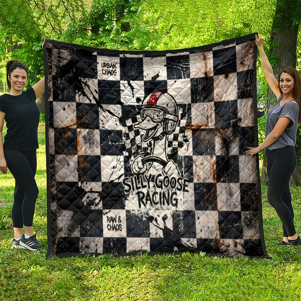 Silly Goose Racing Motorsport Quilt Vintage Distressed Checkered Flag - Cartoon Race Car