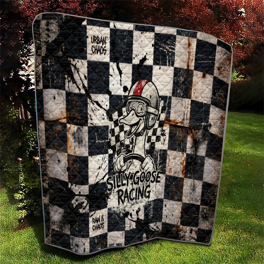 Silly Goose Racing Motorsport Quilt Vintage Distressed Checkered Flag - Cartoon Race Car