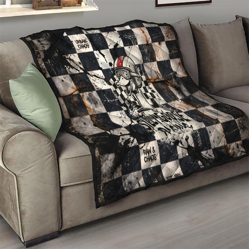 Silly Goose Racing Motorsport Quilt Vintage Distressed Checkered Flag - Cartoon Race Car