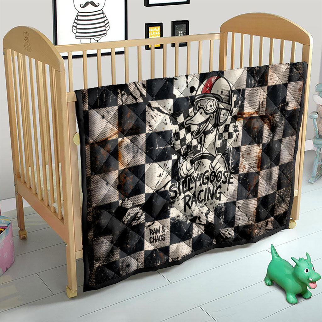 Silly Goose Racing Motorsport Quilt Vintage Distressed Checkered Flag - Cartoon Race Car