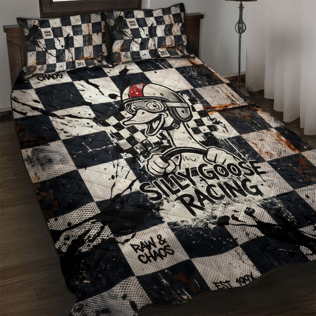 Silly Goose Racing Motorsport Quilt Bed Set Vintage Distressed Checkered Flag - Cartoon Race Car