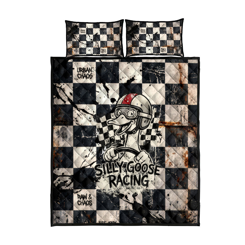 Silly Goose Racing Motorsport Quilt Bed Set Vintage Distressed Checkered Flag - Cartoon Race Car