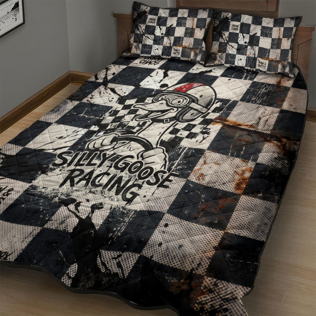 Silly Goose Racing Motorsport Quilt Bed Set Vintage Distressed Checkered Flag - Cartoon Race Car