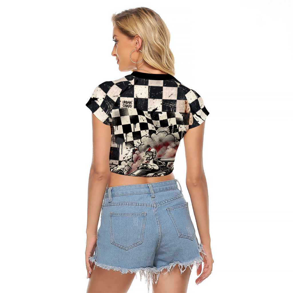 Silly Goose Racing Motorsport Raglan Cropped T Shirt Vintage Distressed Checkered Flag - Cartoon Race Car