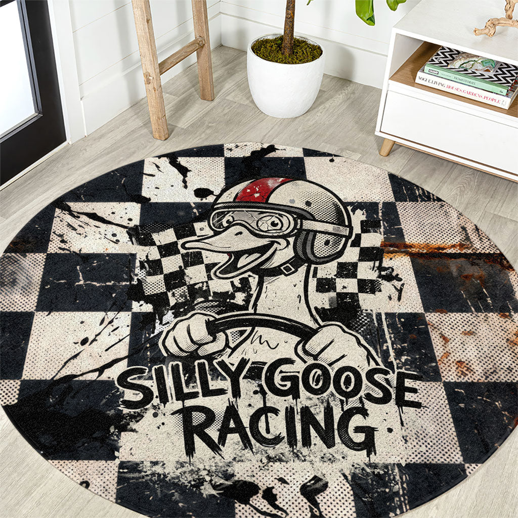 Silly Goose Racing Motorsport Round Carpet Vintage Distressed Checkered Flag - Cartoon Race Car