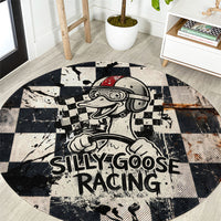 Silly Goose Racing Motorsport Round Carpet Vintage Distressed Checkered Flag - Cartoon Race Car