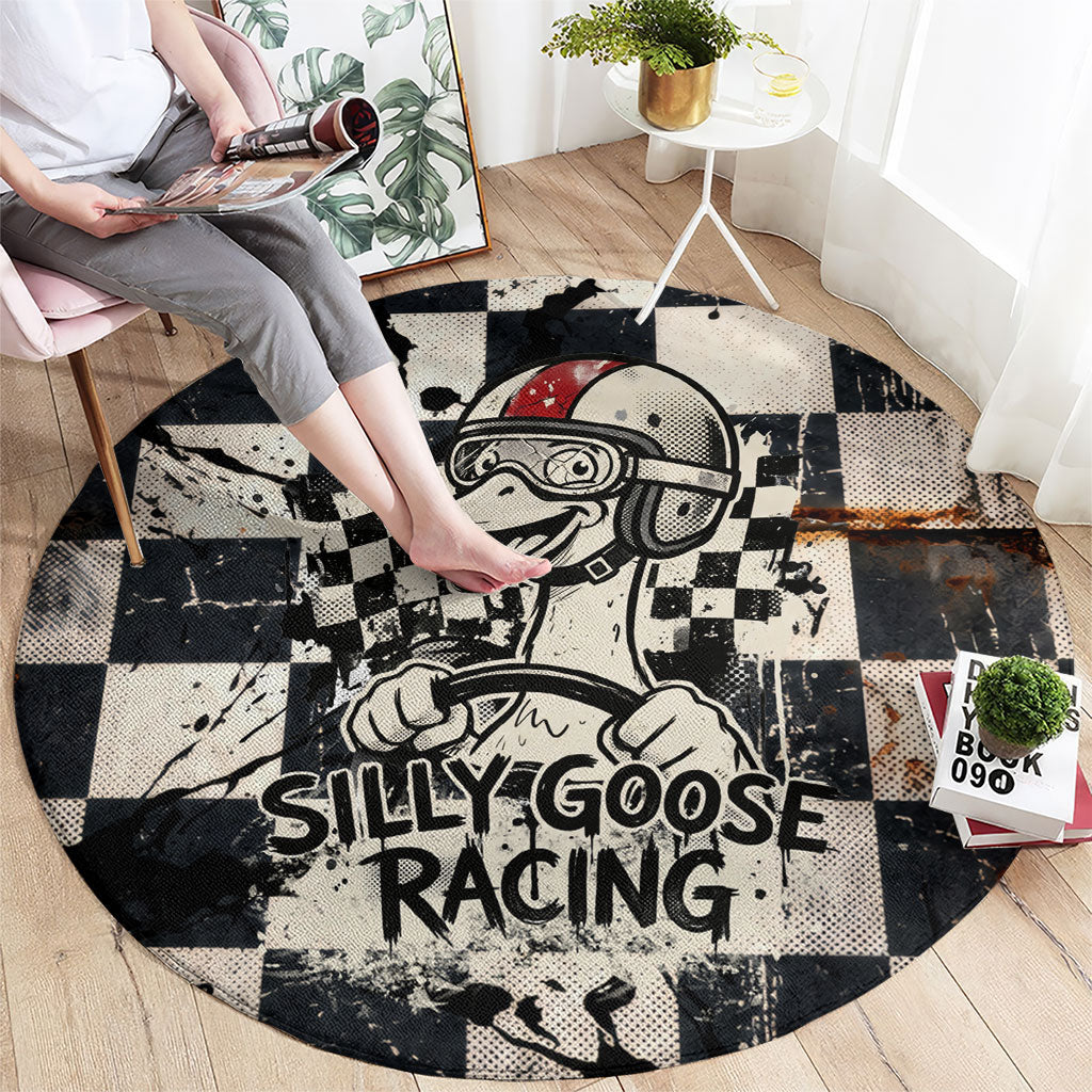 Silly Goose Racing Motorsport Round Carpet Vintage Distressed Checkered Flag - Cartoon Race Car