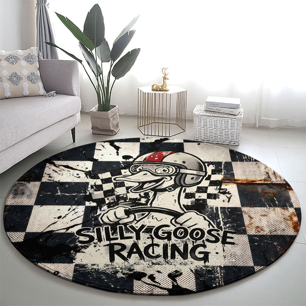 Silly Goose Racing Motorsport Round Carpet Vintage Distressed Checkered Flag - Cartoon Race Car