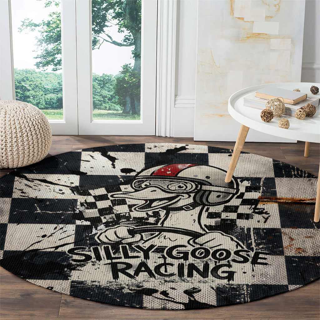 Silly Goose Racing Motorsport Round Carpet Vintage Distressed Checkered Flag - Cartoon Race Car