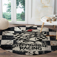 Silly Goose Racing Motorsport Round Carpet Vintage Distressed Checkered Flag - Cartoon Race Car