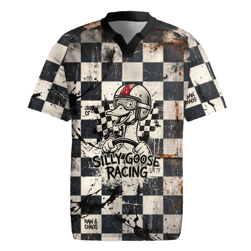 Silly Goose Racing Motorsport Rugby Jersey Vintage Distressed Checkered Flag - Cartoon Race Car