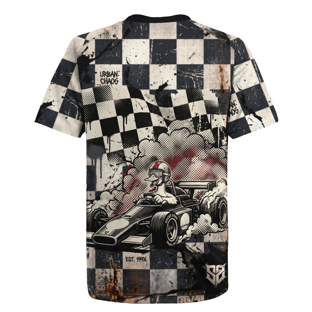 Silly Goose Racing Motorsport Rugby Jersey Vintage Distressed Checkered Flag - Cartoon Race Car